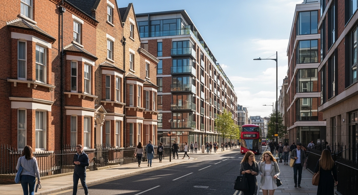 A vibrant, bustling street scene in a modern UK city, with a mix of historic and contemporary residential buildings, showing people casually walking by, perhaps a red double-decker bus in the background, conveying a sense of stability and opportunity. Photorealistic, bright, and inviting.