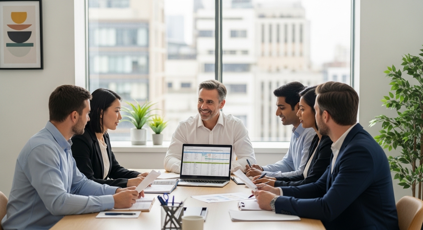 A diverse group of people, representing various expat nationalities, sitting around a modern conference table with a friendly, professional financial advisor. They are reviewing documents and a laptop, discussing financial plans. The setting is a bright, comfortable office with a reassuring atmosphere.