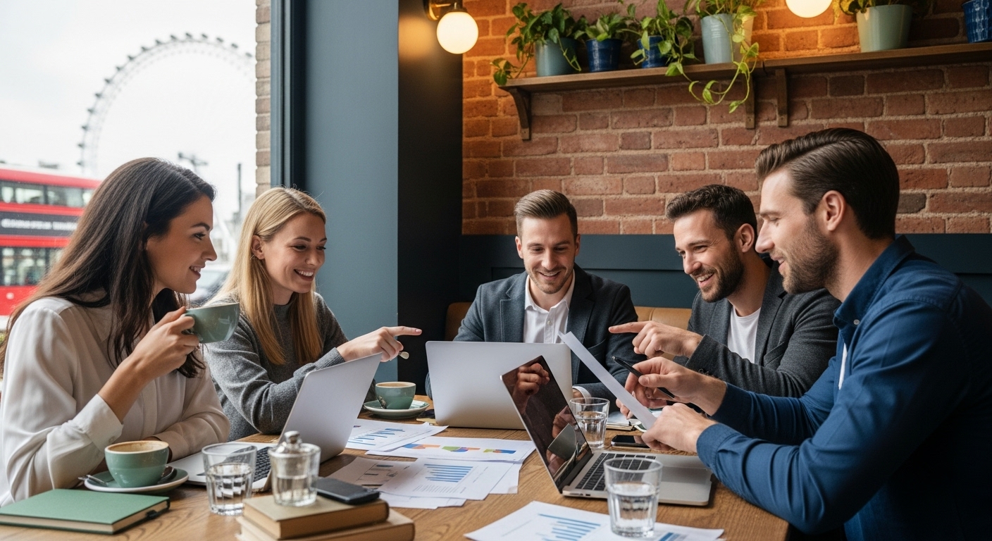 A diverse group of smiling US expats in London, perhaps in a cafe or a park, discussing financial documents or looking at laptops, with iconic London landmarks subtly visible in the background. The scene should convey a sense of community and financial awareness, high-resolution and photorealistic.