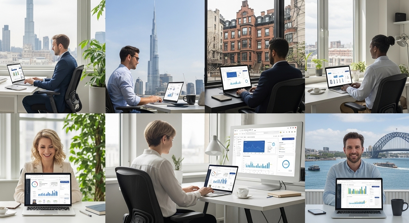A diverse team of UK expat entrepreneurs working remotely in different global locations, collaborating seamlessly on their laptops with a CRM dashboard visible on their screens. The scene is brightly lit, showcasing modern workspaces and a sense of interconnectedness.