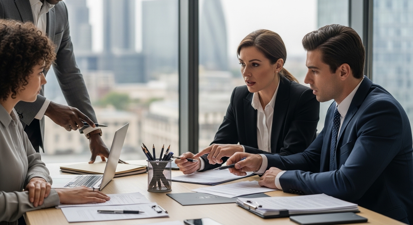 A diverse group of professionals, including an expat and their UK immigration lawyer, reviewing documents in a modern, well-lit office setting. The lawyer is pointing to a section on a document, and the expat is listening intently. There are laptops, pens, and stacks of legal papers on the table, with a large window showing a blurred city skyline in the background.