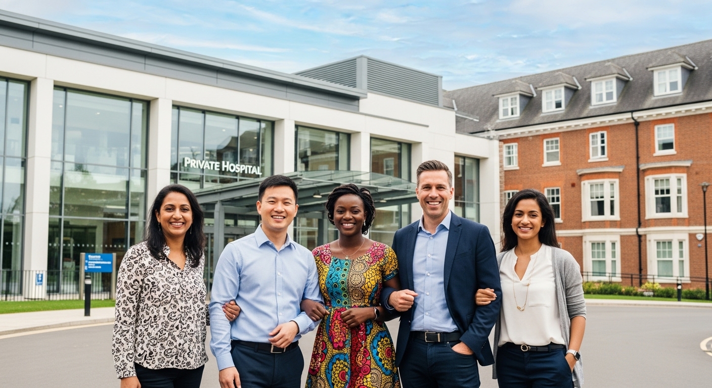 A diverse group of smiling expats, representing various nationalities, looking relaxed and healthy, standing in front of a modern, bright private hospital in the UK. The scene conveys peace of mind and access to quality care, with a subtle British architectural touch in the background. Photorealistic, vibrant colors.