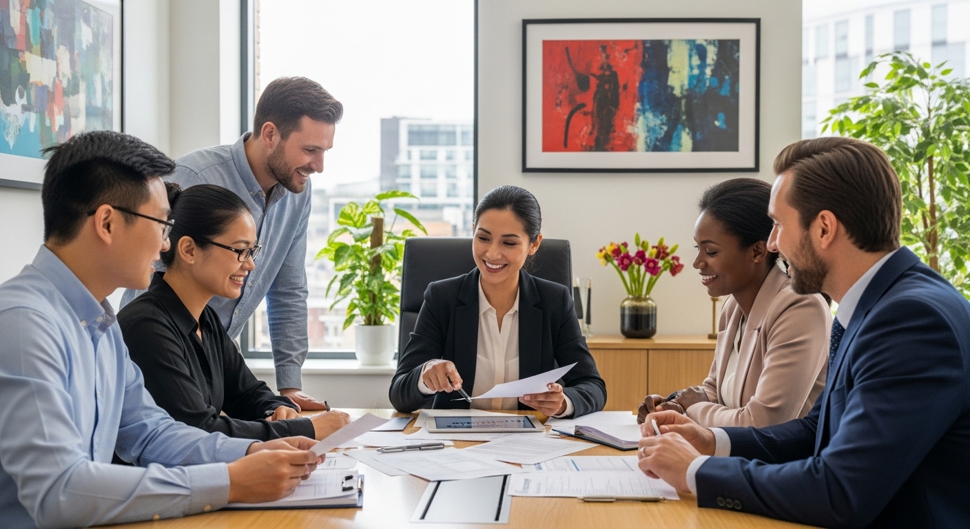 A diverse group of smiling expatriates reviewing financial documents with a professional, friendly accountant in a modern, well-lit office, depicting clarity and ease in managing UK finances.