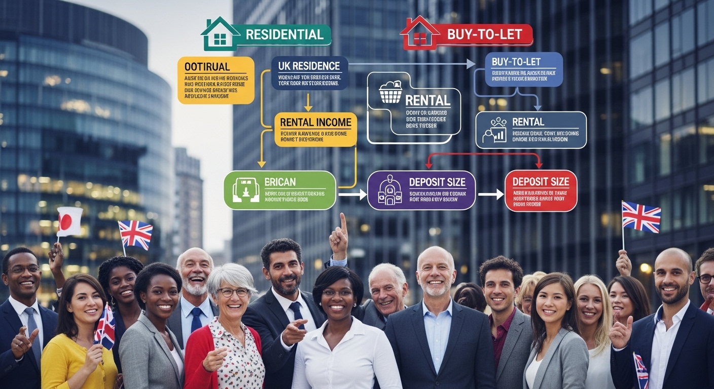 A diverse group of people from different countries, some holding UK flags, looking at a stylized infographic or flowchart depicting various mortgage options (Residential, Buy-to-Let) with clear arrows showing pathways and considerations like 'UK Residency', 'Rental Income', 'Deposit Size'. The tone is optimistic and clear, set against a backdrop of a modern city skyline.