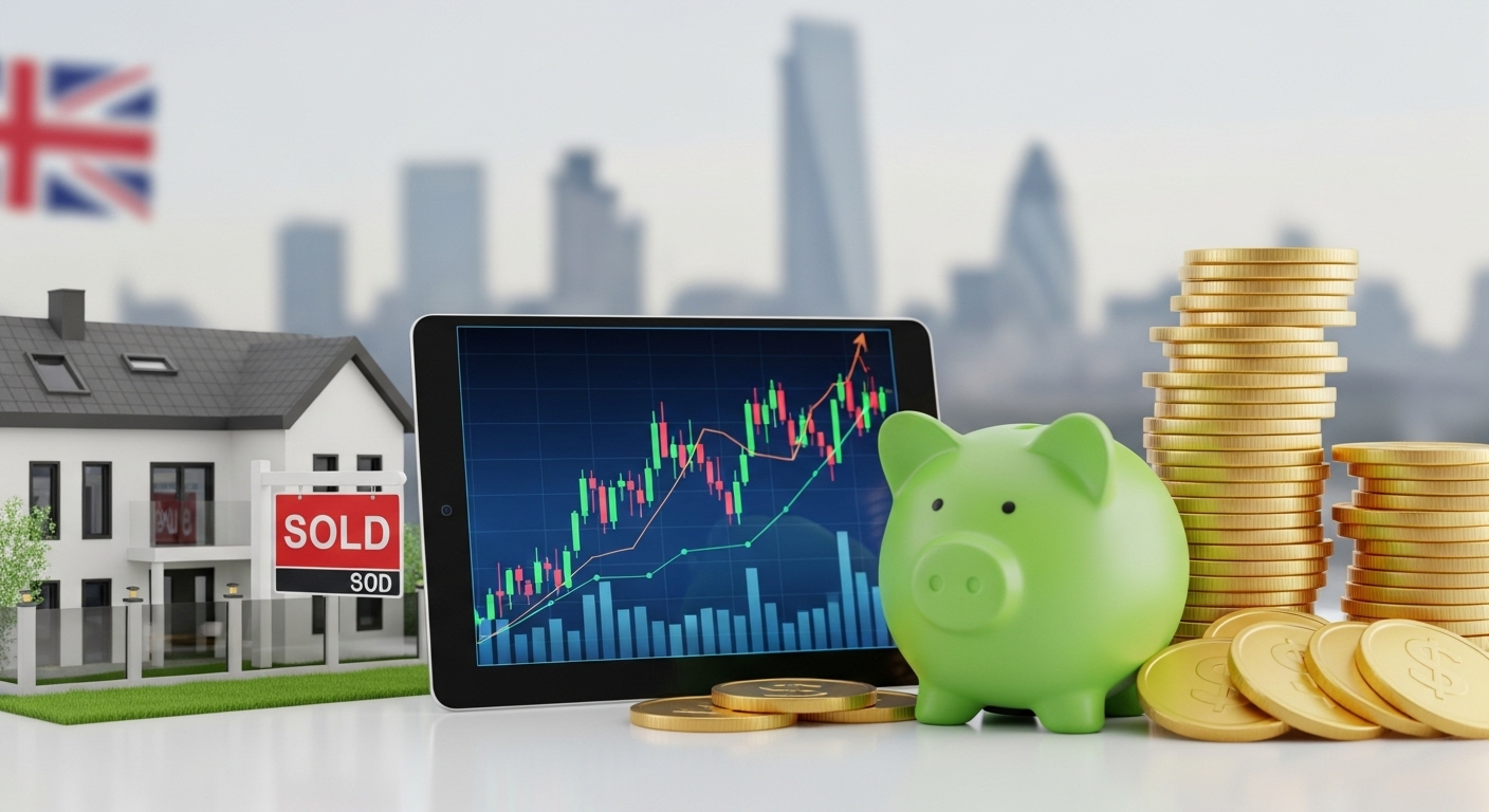 A diverse collage of financial symbols representing different investment types: a modern house with a 'Sold' sign, an upward-trending stock market graph on a tablet screen, a stack of shiny gold coins, and a vibrant green piggy bank, all meticulously arranged against a subtle, blurred background of the London skyline and a hint of the UK flag. The style is clean, professional, and photorealistic with soft lighting.
